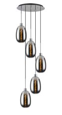 Lori 45cm Round Pendant, 5 Light Adjustable E27, Polished Chrome/Chrome Slim Curved Trapezium Shades