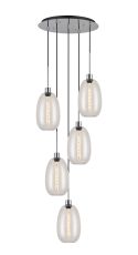 Lori 45cm Round Pendant, 5 Light Adjustable E27, Polished Chrome/Clear Slim Curved Trapezium Shades