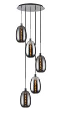 Lori 45cm Round Pendant, 5 Light Adjustable E27, Polished Chrome/Chrome/Smoke Slim Curved Trapezium Shades