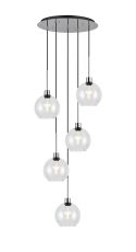 Lori 45cm Round Pendant, 5 Light Adjustable E27, Polished Chrome/Clear Open Mouth Round Globe Shades