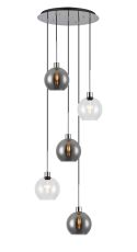 Lori 45cm Round Pendant, 5 Light Adjustable E27, Polished Chrome/Clear/Smoke Open Mouth Round Globe Shades