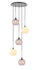 (KOOMS) Lori 45cm Round Pendant, 5 Light Adjustable E27, Polished Chrome/Opal/Pink Open Mouth Round Globe Shades
