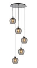Lori 45cm Round Pendant, 5 Light Adjustable E27, Polished Chrome/Smoke Wine Shades