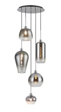 Lori 93cm Round Pendant, 5 Light Adjustable E27, Polished Chrome/Smoke Fade With Mixed Shades