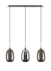 Lori Linear Pendant, 3 Light Adjustable E27, Polished Chrome/Chrome/Smoke Slim Curved Trapezium Shades