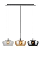 Lori Linear Pendant, 3 Light Adjustable E27, Polished Chrome/Amber/Chrome/Clear Trapezium Shades