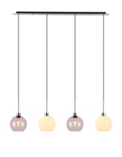 Lori Linear Pendant, 4 Light Adjustable E27, Polished Chrome/Opal/Pink Open Mouth Round Globe Shades