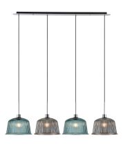 Lori Linear Pendant, 4 Light Adjustable E27, Polished Chrome/Petrol Blue/Smoke Ribbed Dome Shades