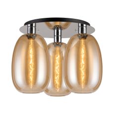 Lori 40cm Round Ceiling Flush, 3 Light Flush Fitting, Polished Chrome/Amber Slim Curved Trapezium Shades