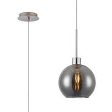Lori 1.7m Single Pendant, 1 Light Adjustable E27, Satin Nickel/Smoke Open Mouth Round Globe Shades