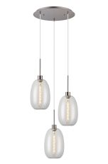Lori 40cm Round Pendant, 3 Light Adjustable E27, Satin Nickel/Clear Slim Curved Trapezium Shades