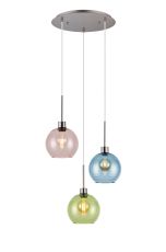 (KOOMS) Lori 40cm Round Pendant, 3 Light Adjustable E27, Satin Nickel/Blue/Green/Pink Open Mouth Round Globe Shades