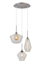 (KOOMS) Lori 40cm Round Pendant, 3 Light Adjustable E27, Satin Nickel/Clear Hexagonal Diamond Kite Shades