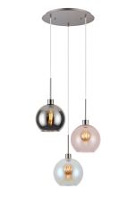 (KOOMS) Lori 40cm Round Pendant, 3 Light Adjustable E27, Satin Nickel/Iridescent/Pink/Smoke Open Mouth Round Globe Shades