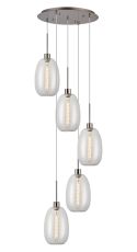 Lori 45cm Round Pendant, 5 Light Adjustable E27, Satin Nickel/Clear Slim Curved Trapezium Shades