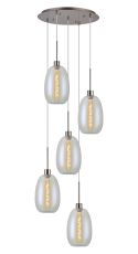 Lori 45cm Round Pendant, 5 Light Adjustable E27, Satin Nickel/Iridescent Slim Curved Trapezium Shades