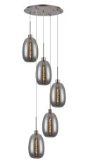 (KOOMS) Lori 45cm Round Pendant, 5 Light Adjustable E27, Satin Nickel/Smoke Slim Curved Trapezium Shades