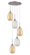 Lori 45cm Round Pendant, 5 Light Adjustable E27, Satin Nickel/Clear/Amber Slim Curved Trapezium Shades