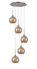 Lori 45cm Round Pendant, 5 Light Adjustable E27, Satin Nickel/Amber Open Mouth Round Globe Shades