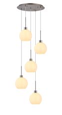 Lori 45cm Round Pendant, 5 Light Adjustable E27, Satin Nickel/Opal Open Mouth Round Globe Shades