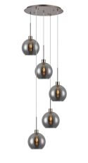 Lori 45cm Round Pendant, 5 Light Adjustable E27, Satin Nickel/Smoke Open Mouth Round Globe Shades
