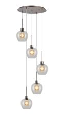 Lori 45cm Round Pendant, 5 Light Adjustable E27, Satin Nickel/Clear Wine Shades