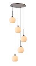 Lori 45cm Round Pendant, 5 Light Adjustable E27, Satin Nickel/Opal Wine Shades
