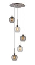 Lori 45cm Round Pendant, 5 Light Adjustable E27, Satin Nickel/Clear/Smoke Wine Shades