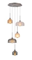 Lori 49.5cm Round Pendant, 5 Light Adjustable E27, Satin Nickel/Amber/Clear/Frosted/Smoke Blue/Smoke Prismatic Dome Shades