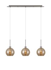 Lori Linear Pendant, 3 Light Adjustable E27, Satin Nickel/Amber Open Mouth Round Globe Shades