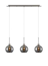 Lori Linear Pendant, 3 Light Adjustable E27, Satin Nickel/Smoke Open Mouth Round Globe Shades