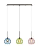 (KOOMS) Lori Linear Pendant, 3 Light Adjustable E27, Satin Nickel/Blue/Green/Pink Open Mouth Round Globe Shades
