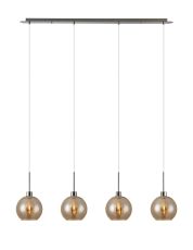 Lori Linear Pendant, 4 Light Adjustable E27, Satin Nickel/Amber Open Mouth Round Globe Shades