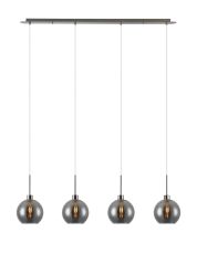 Lori Linear Pendant, 4 Light Adjustable E27, Satin Nickel/Smoke Open Mouth Round Globe Shades
