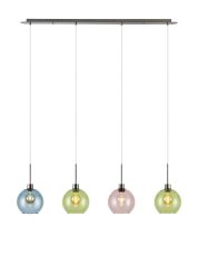 (KOOMS) Lori Linear Pendant, 4 Light Adjustable E27, Satin Nickel/Blue/Green/Pink Open Mouth Round Globe Shades