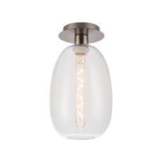 Lori 15cm Round Ceiling Flush, 1 Light Flush Fitting E27, Satin Nickel/Clear Slim Curved Trapezium Shades