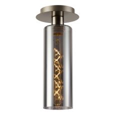 Lori 15cm Round Ceiling Flush, 1 Light Flush Fitting E27, Satin Nickel/Smoke Ribbed Slim Tube Shades