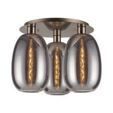 (KOOMS) Lori 40cm Round Ceiling Flush, 3 Light Flush Fitting, Satin Nickel/Smoke Slim Curved Trapezium Shades