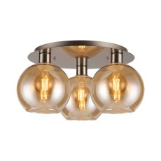 Lori 40cm Round Ceiling Flush, 3 Light Flush Fitting, Satin Nickel/Amber Open Mouth Round Globe Shades