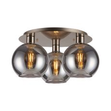 Lori 40cm Round Ceiling Flush, 3 Light Flush Fitting, Satin Nickel/Smoke Open Mouth Round Globe Shades