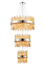 Modus 3 Tier 25cm + 40cm + 60cm Pendant, 6 + 10 + 18 Light G9, Polished Nickel/Amber, Item Weight: 34kg