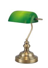 Morgan Bankers Table Lamp 1 Light E27 Antique Brass/Green Glass
