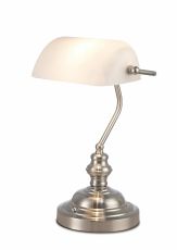 Morgan Bankers Table Lamp 1 Light E27 Satin Nickel/White Glass