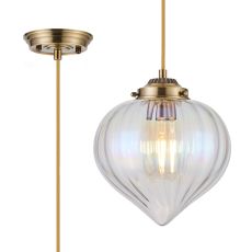 Mia 23cm Single Pendant With Flower Bud Shade 1 x E27, Antique Brass/Golden Brown Braided Cable/Iridescent Faded