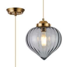 Mia 23cm Single Pendant With Flower Bud Shade 1 x E27, Brass/Pale Gold Braided Cable/Smoke