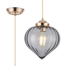 Mia 23cm Single Pendant With Flower Bud Shade 1 x E27, French Gold/Gold Braided Cable/Smoke