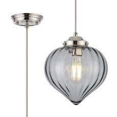 Mia 23cm Single Pendant With Flower Bud Shade 1 x E27, Polished Nickel/Grey Braided Cable/Smoke