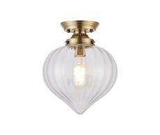 Mia 23cm Flush Ceiling Light With Flower Bud Shade 1 x E27, Antique Brass/Clear