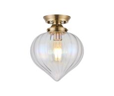 Mia 23cm Flush Ceiling Light With Flower Bud Shade 1 x E27, Antique Brass/Iridescent Faded