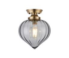 Mia 23cm Flush Ceiling Light With Flower Bud Shade 1 x E27, Antique Brass/Smoke